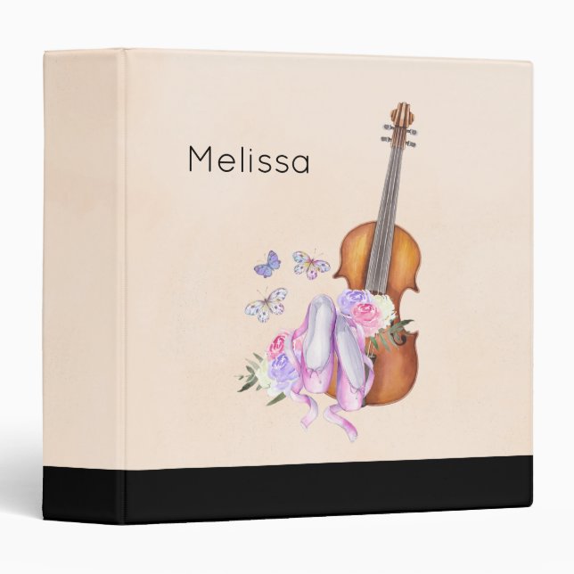 Classeur Violon, Chaussures de Ballet, Fleurs et Papillons (Devant/Côté)