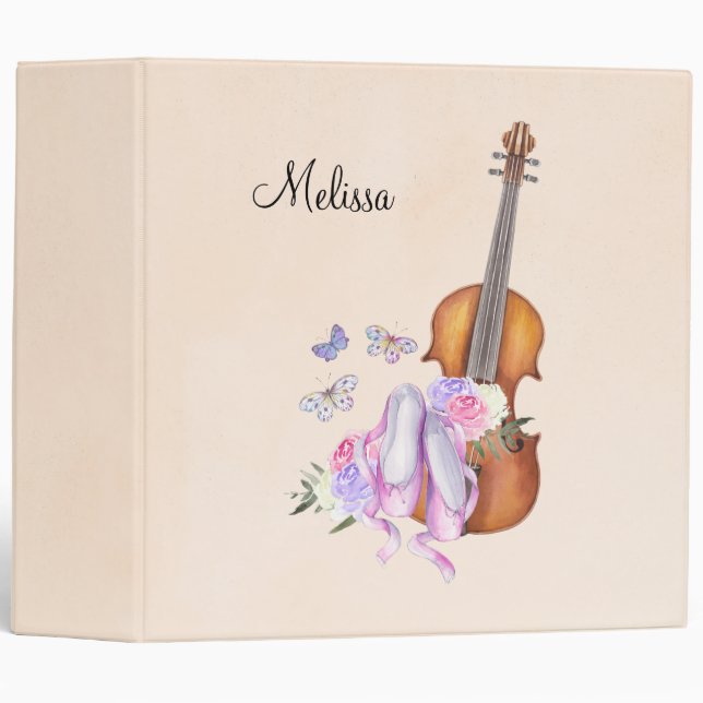 Classeur Violon, Chaussures de Ballet, Fleurs et Papillons (Devant/Côté)