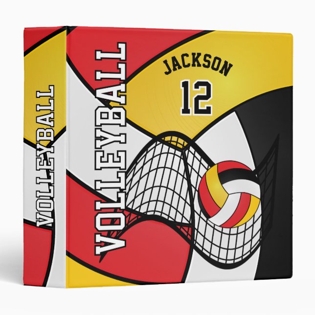 Classeur Volley-ball en rouge, jaune, noir et blanc (Devant/Côté)