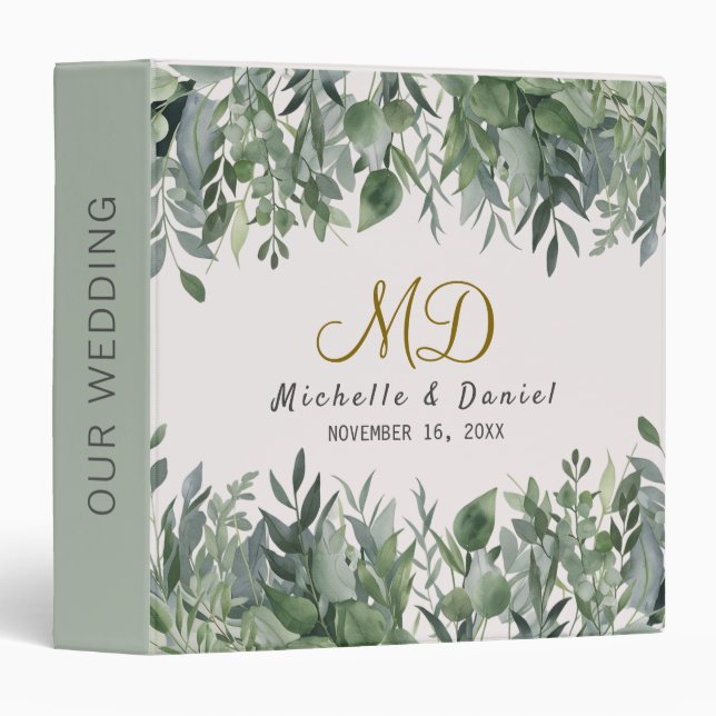 Classeur Watercolor Eucalyptus Greenery Monogram Wedding    (Devant/Côté)