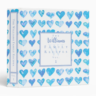 Classeur Watercolor Hearts Blue White Custom Recipe Binder