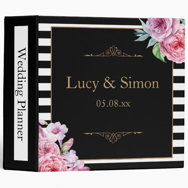 Classeur Wedding planner à rayures florales roses (Devant/Côté)