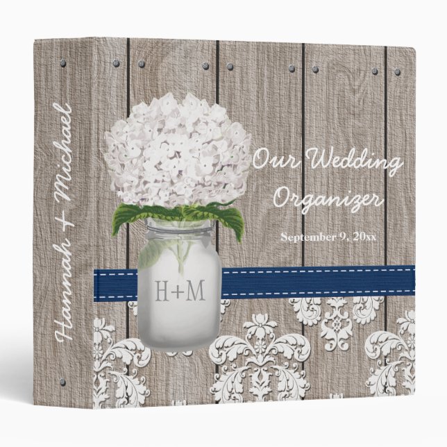 Classeur Wedding planner blanc de pot de maçon d'hortensia (Devant/Côté)