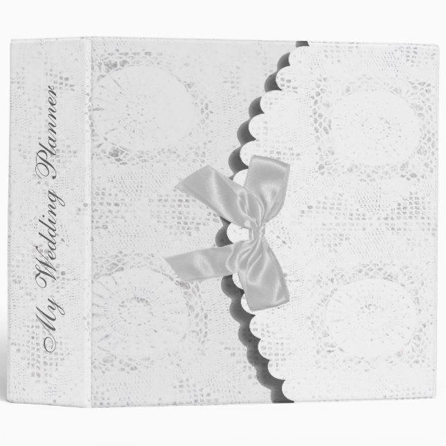 Classeur Wedding planner blanc élégant de dentelle (Devant/Côté)
