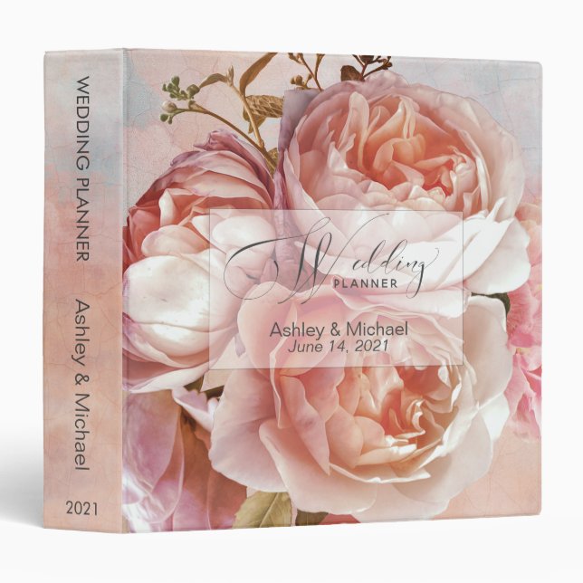 Classeur Wedding planner d'aquarelle Peony Rose botanique (Devant/Côté)