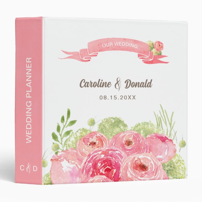 Classeur Wedding planner d'aquarelle romantique Rose (Devant/Côté)