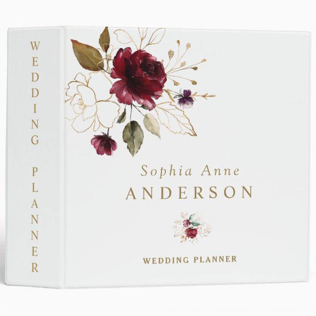 Classeur Wedding planner de monogramme Floral d'or de Bourg (Devant/Côté)