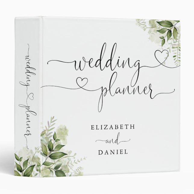 Classeur Wedding planner de script de coeur floral vert (Devant/Côté)