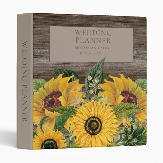 Classeur Wedding planner en bois de tournesol jaune rustiqu (Devant/Côté)