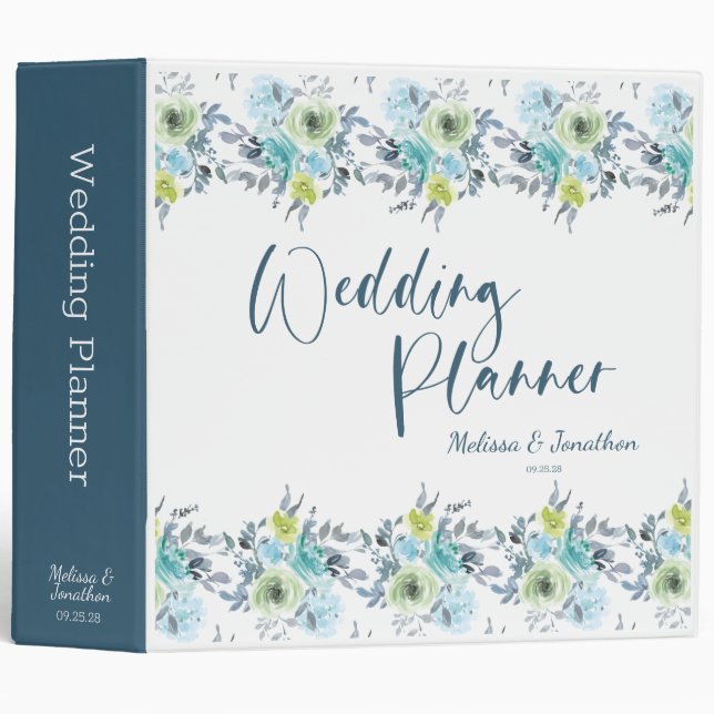 Classeur Wedding planner floral bleu clair jaune vert (Devant/Côté)