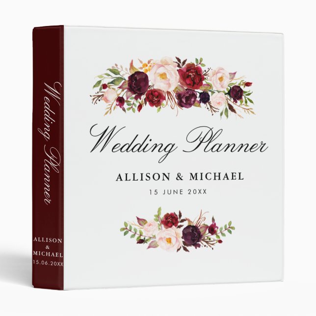 Classeur wedding planner floral bordeaux (Devant/Côté)
