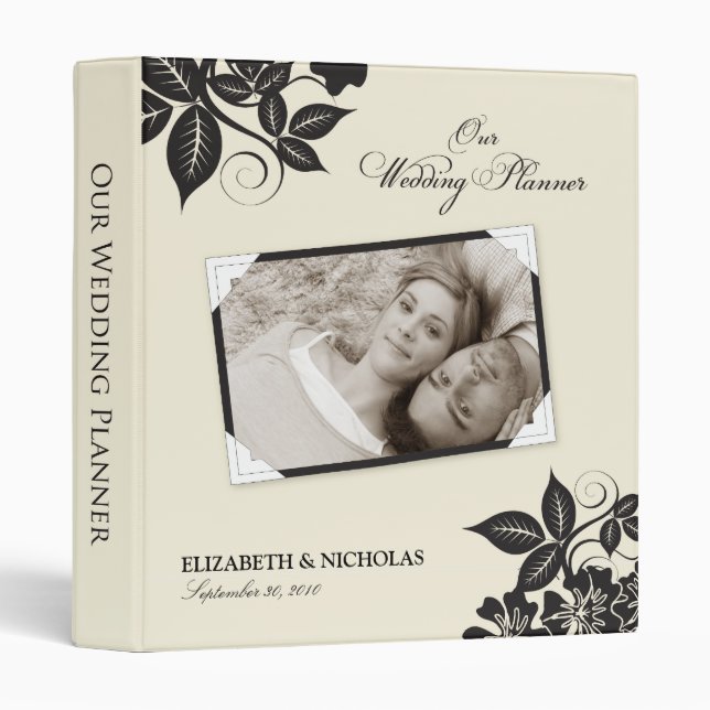 Classeur Wedding planner floral moderne (noir) (Devant/Côté)