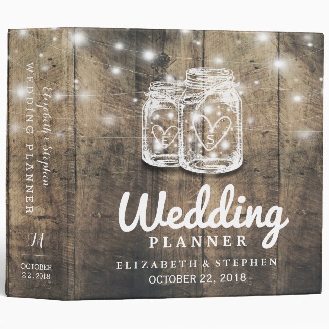 Classeur Wedding planner léger en bois rustique Mason Jar (Devant/Côté)