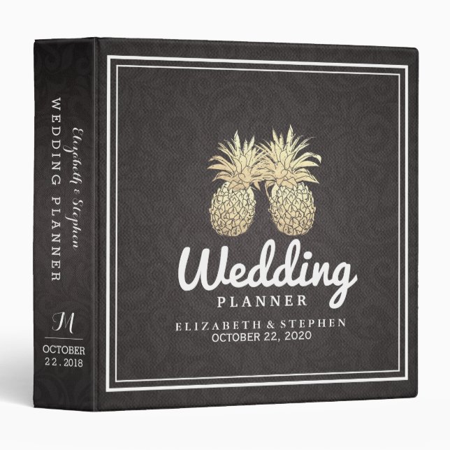 Classeur Wedding planner moderne Black Gold Ananas Couple (Devant/Côté)