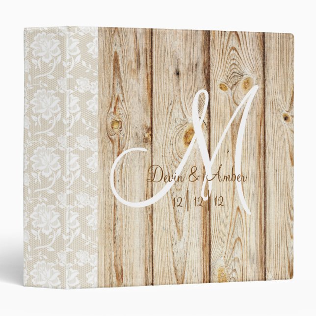 Classeur wedding planner monogrammé Rustic Wood & Lace (Devant/Côté)