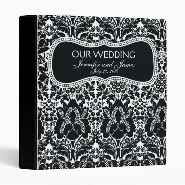 Classeur Wedding planner noir et blanc de monogramme de (Devant/Côté)