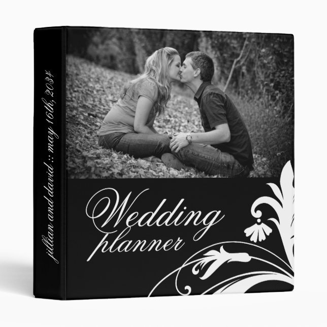 Classeur Wedding planner noir et blanc élégant (Devant/Côté)