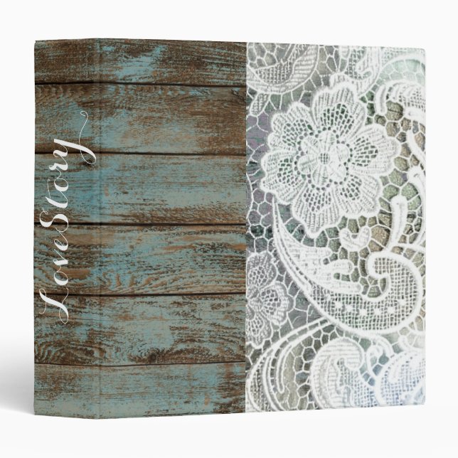 Classeur western country bleu grange bois dentelle mariage (Devant/Côté)