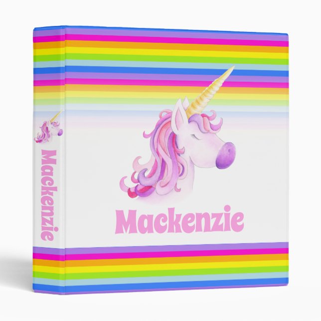 Classeur Whimsy unicorn arc-en-ciel nom personnalisé (Devant/Côté)