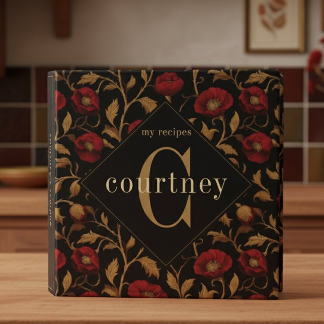 Classeur William Morris Red Gold Poppy Monogram Recipe (Créateur téléchargé)