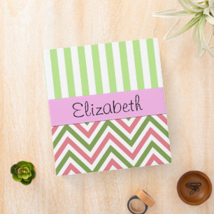 Classeur Zigzag, Chevron, Grilles, Rose, Vert, Votre Nom