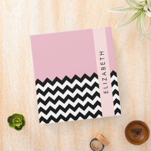 Classeur Zigzag noir et blanc, Chevron, rose, Votre nom