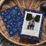 Classi Blue gold Menorah Stars 3 Photos Hanukkah Foil Holiday Card<br><div class="desc">Light up the season with this bold and stylish Hanukkah photo card! Featuring a modern menorah and star pattern in classic blue hues and luxe gold foil accents, it’s designed to make your holiday photo shine. The front showcases your favourite vertical family or couple photo in a sleek white frame...</div>