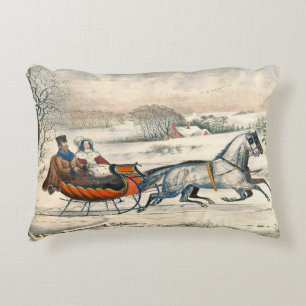 Classic 1853 Sleigh Ride Currier Ives Road Winter Accent Pillow