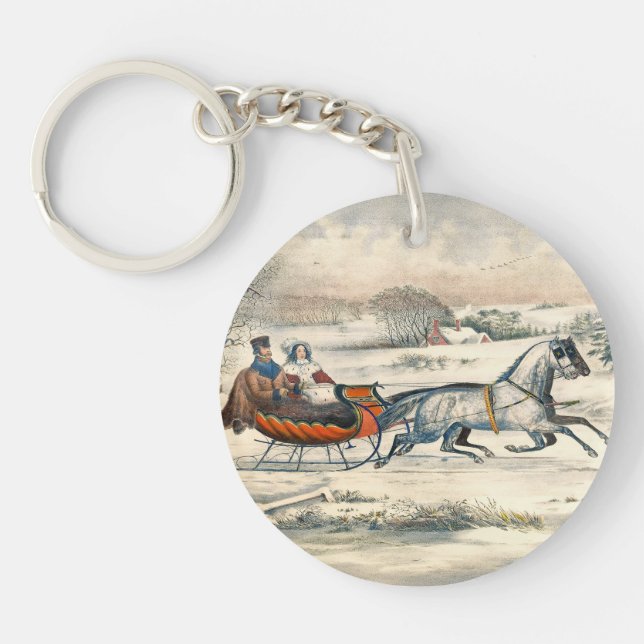 Classic 1853 Sleigh Ride Currier Ives Road Winter Keychain (Front)