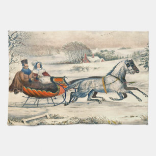 Classic 1853 Sleigh Ride Currier Ives Road Winter Kitchen Towel