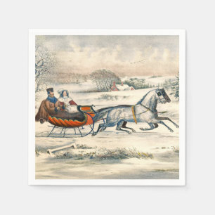 Classic 1853 Sleigh Ride Currier Ives Road Winter Napkin
