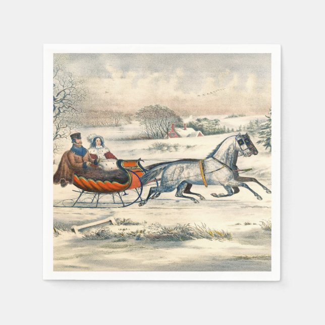 Classic 1853 Sleigh Ride Currier Ives Road Winter Napkin (Front)