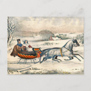 Classic 1853 Sleigh Ride Currier Ives Road Winter Postcard