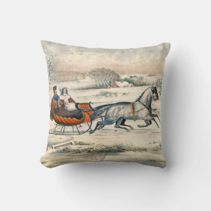 Classic 1853 Sleigh Ride Currier Ives Road Winter Throw Pillow