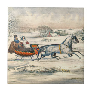 Classic 1853 Sleigh Ride Currier Ives Road Winter Tile