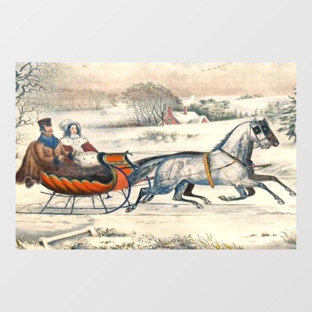 Classic 1853 Sleigh Ride Currier Ives Road Winter Window Cling (Sheet)
