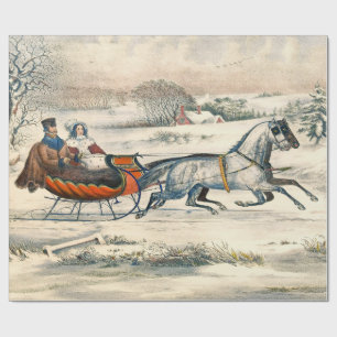 Classic 1853 Sleigh Ride Currier Ives Road Winter Wrapping Paper