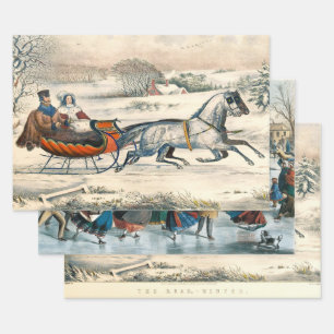 Classic 1853 Sleigh Ride Currier Ives Road Winter Wrapping Paper Sheet