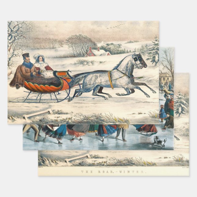 Classic 1853 Sleigh Ride Currier Ives Road Winter Wrapping Paper Sheet (Set)