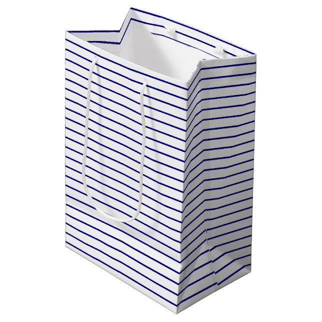  Classic 1/2 Inch Navy Blue Pinstripe on a White B Medium Gift Bag (Front Angled)