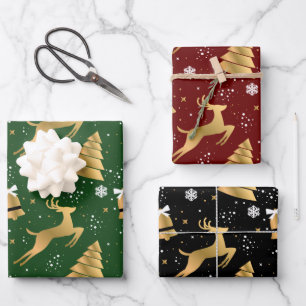 Classic 3 Colour Gold Christmas Reindeer Pattern Wrapping Paper Sheet