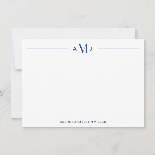Classic 3-Letter Monogram, Blue Personalized Flat Card (Front)