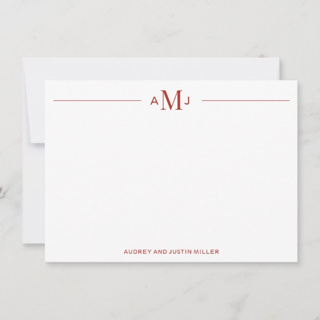 Classic 3-Letter Monogram, Red Personalized Flat Card (Front)