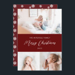 Classic 3 Photo Snowflakes in Burgundy christmas Holiday Card<br><div class="desc">Simple but elegant layout with editable greeting and colours. Backer pattern is optional.</div>