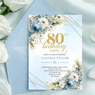 Classic 80th Birthday Elegant Dusty Blue Gold Invitation