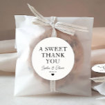 Classic A Sweet Thank You Heart Wedding Name Favou Classic Round Sticker<br><div class="desc">A Classic Black Thank You Wedding Sticker featuring "A Sweet Thank You" in a classic modern elegant font. 
You can easily personalized it with your names and wedding date.</div>