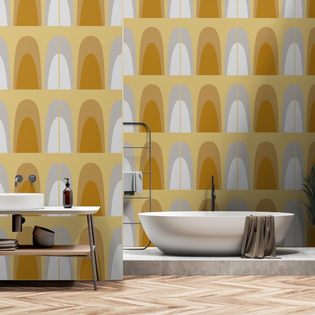 Classic Abstract Dome, Silver Gold Grey Geometric Wallpaper (Bathroom)