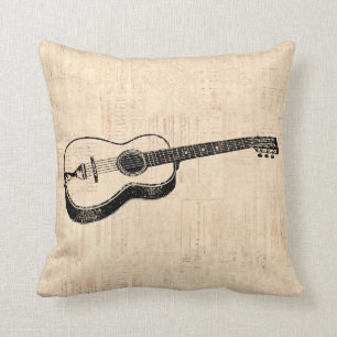 Classic Acoustic Guitar Script Paper Style Throw Pillow