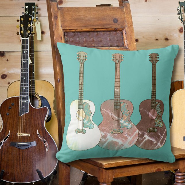 Classic acoustic guitars Rustic Vintage Instrument Throw Pillow (Acoustic guitar pattern rustic vintage brown and teal pillow)