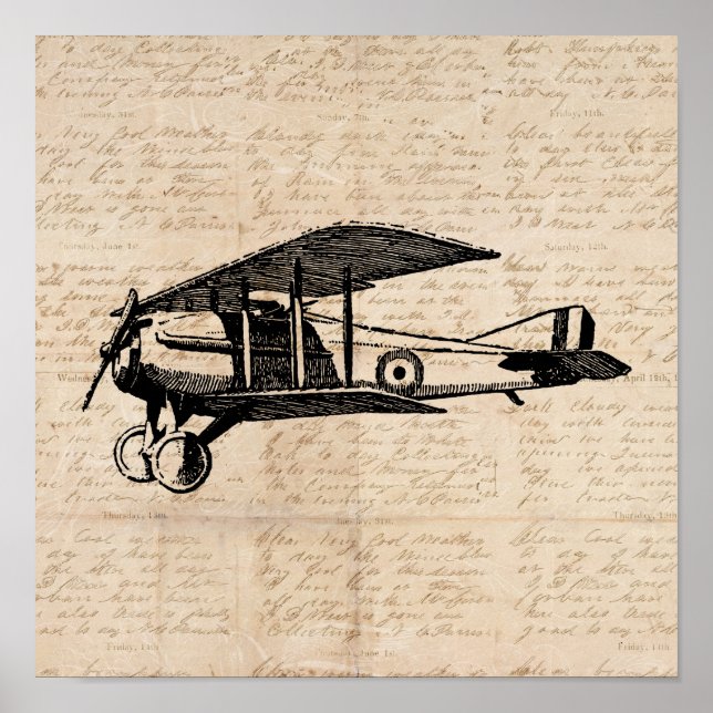 Classic Airplane Antique Aviation Art Script Paper Poster (Front)